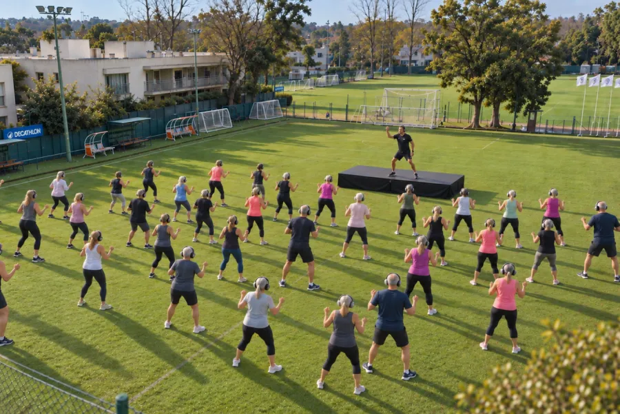 Personas mayores realizan una clase grupal al aire libre con auriculares, guiadas por un profesor sobre una cancha de fútbol