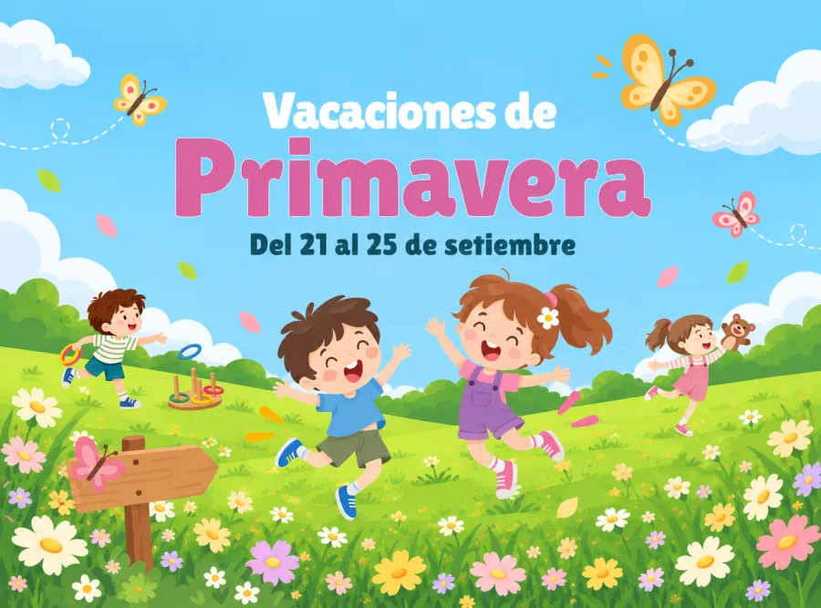 Afiche ilustrado de Vacaciones de Primavera con niñas y niños jugando entre flores y mariposas