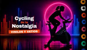 Afiche de Cycling de la nostalgia con una ciclista, luces de colores y discos de vinilo