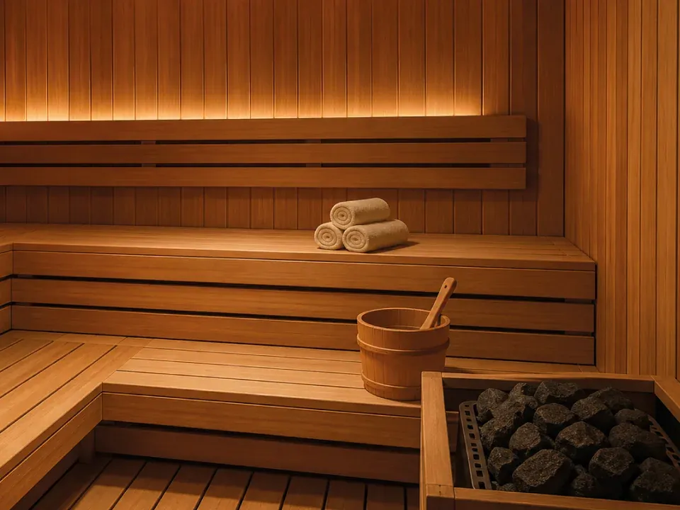 Bancos de madera y estufa con piedras del sauna seco de la Sede Carrasco