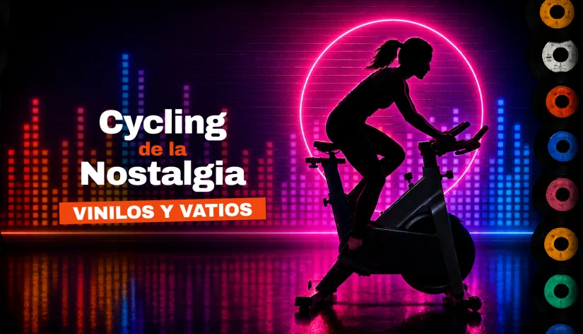 Afiche de Cycling de la nostalgia con una ciclista, luces de colores y discos de vinilo
