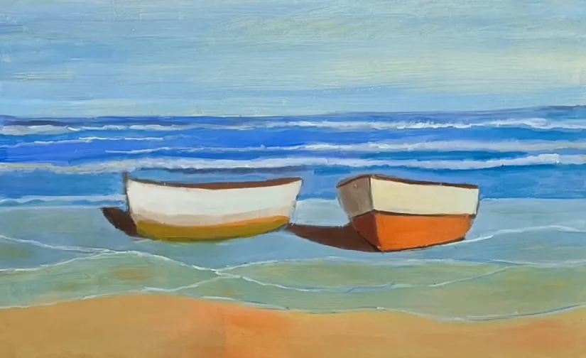 Pintura de dos pequeñas embarcaciones junto a la orilla del mar