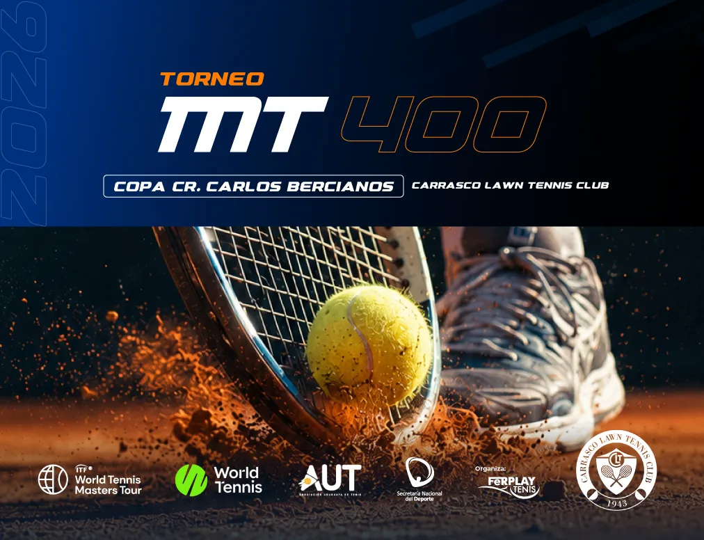 Afiche del Torneo MT 400 Copa Cr. Carlos Bercianos con una raqueta, una pelota y un calzado de tenis